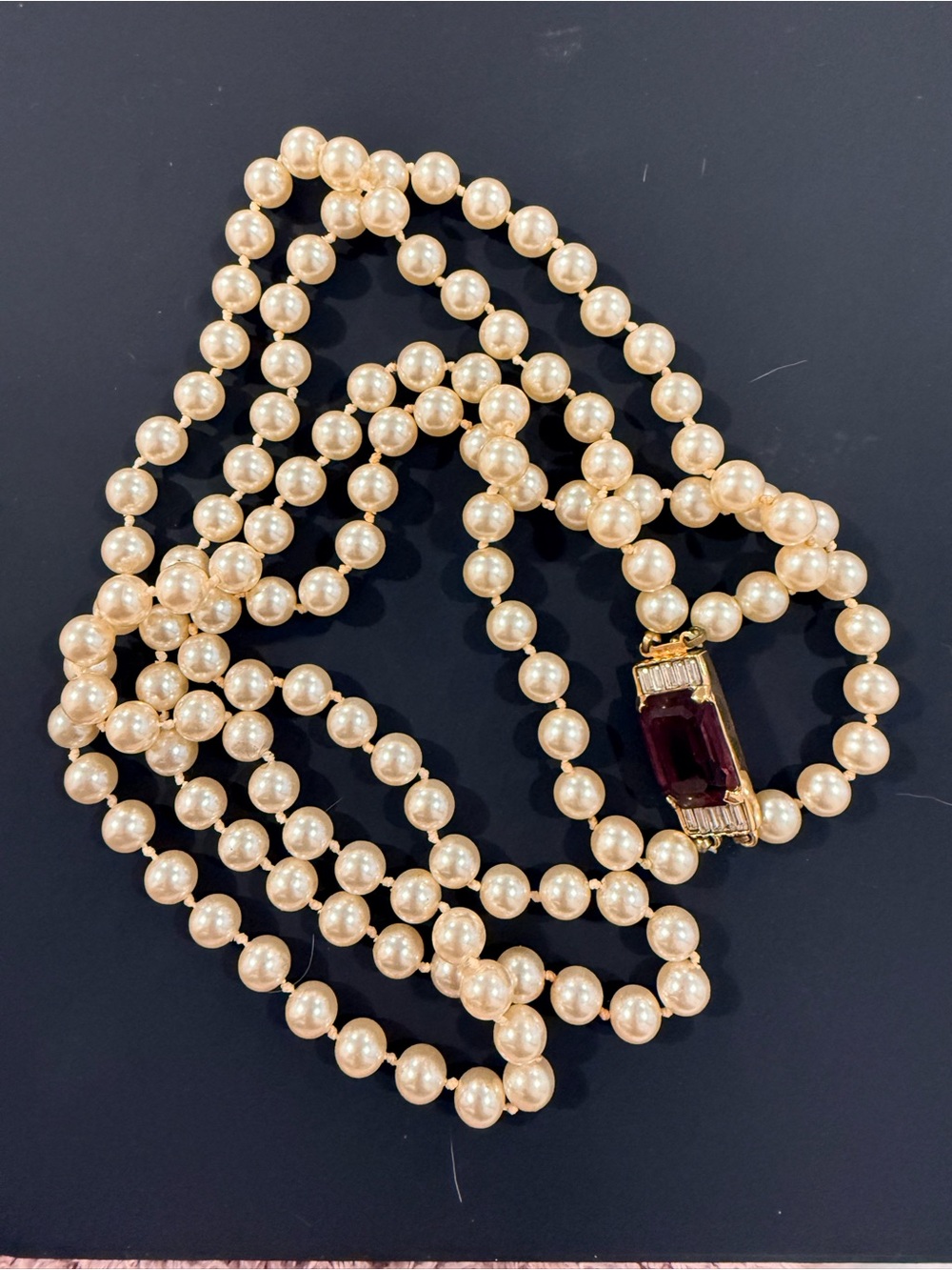 Vintage 1980s S.A.L. Swarovski Double Strand Pearl Necklace Amethyst Clasp